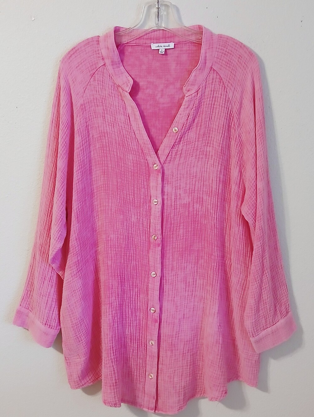 White Birch Guaze Crinkle Cotton Tunic Shirt Hot Pink Button Up